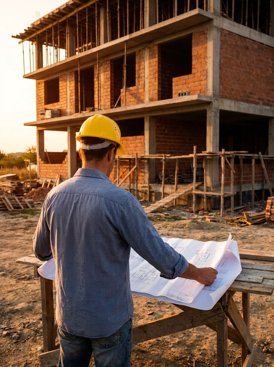 On site — reviewing structural drawings at an ongoing build