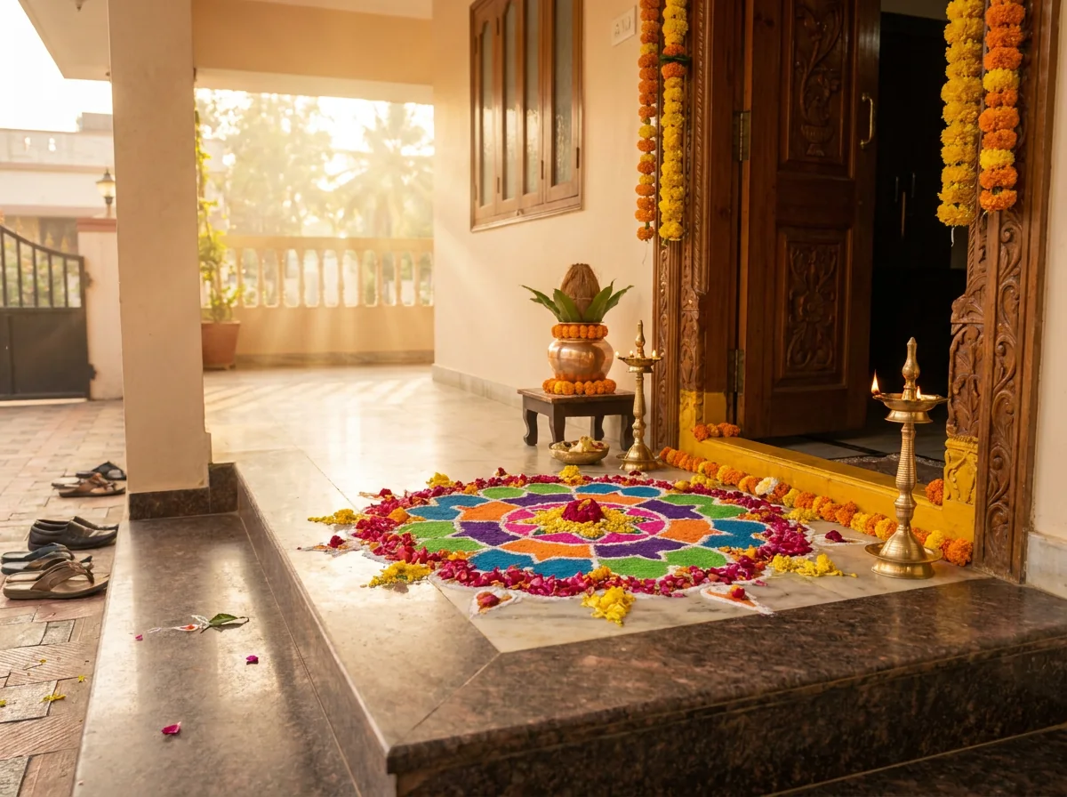 Griha pravesh — rangoli, kalash and marigold at the new threshold