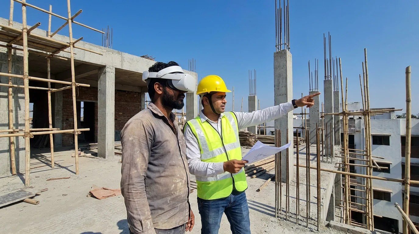 Client wearing a mixed-reality headset on the half-built site with the engineer